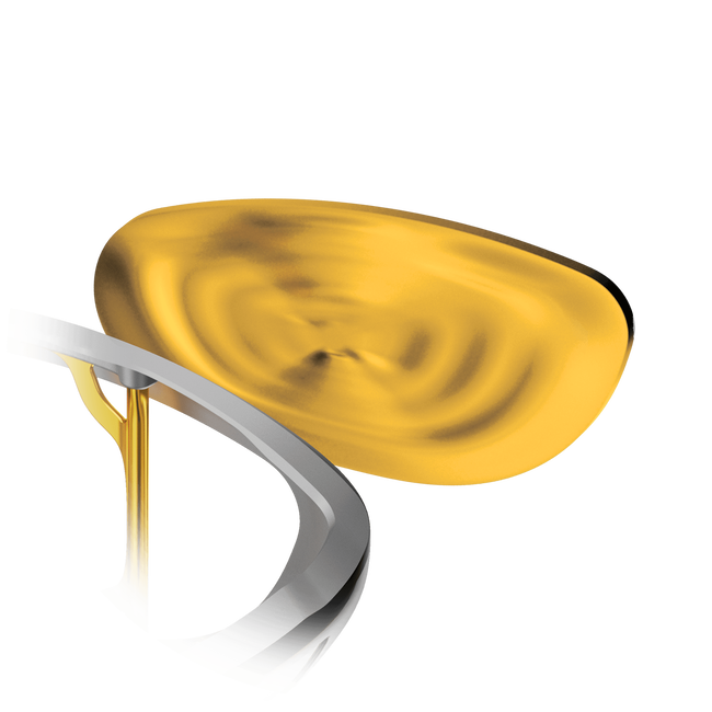A swirling, abstract gold shape hovers above a sleek, curved metallic and gold structure inspired by the high MOI design of the Callaway Rogue ST Max D Driver, set against a transparent background for a futuristic, cutting-edge look.