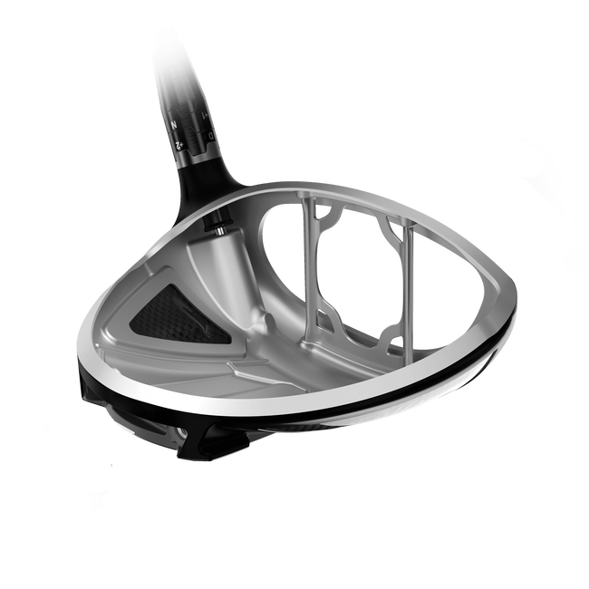 A cutaway of the Callaway Rogue ST Max D Driver head shows its hollow interior, support ribs, hosel attachment point, and Tungsten Speed Cartridge for high MOI, highlighting the club’s advanced engineering and materials.